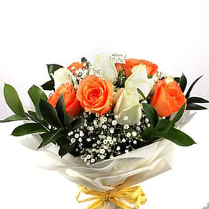 6 white and 6 orange roses
